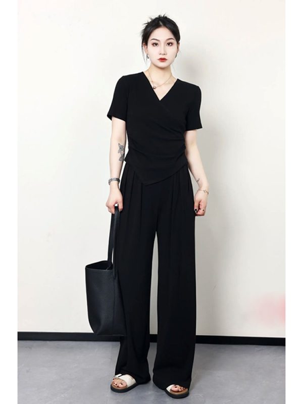 Plus Size Summer Casual Set for Women - Slimming Waist Short Sleeve T-Shirt and Wide Leg Pants - Trendy Lightweight Outfit