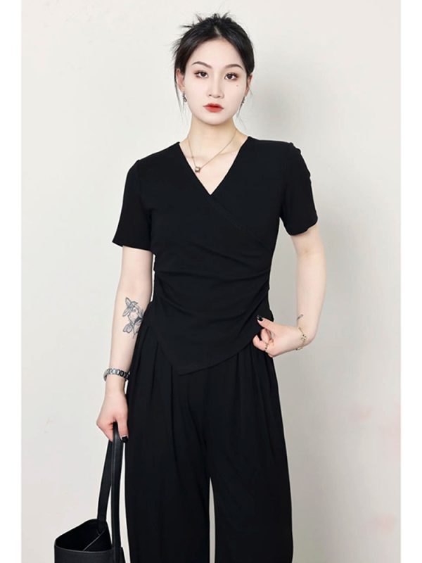 Plus Size Summer Casual Set for Women - Slimming Waist Short Sleeve T-Shirt and Wide Leg Pants - Trendy Lightweight Outfit