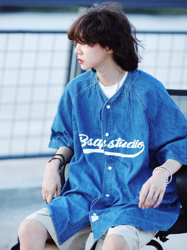Plus Size Summer Denim Shirt for Women - Loose Fit Short Sleeve Retro Street Style Top