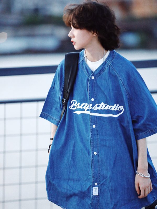 Plus Size Summer Denim Shirt for Women - Loose Fit Short Sleeve Retro Street Style Top