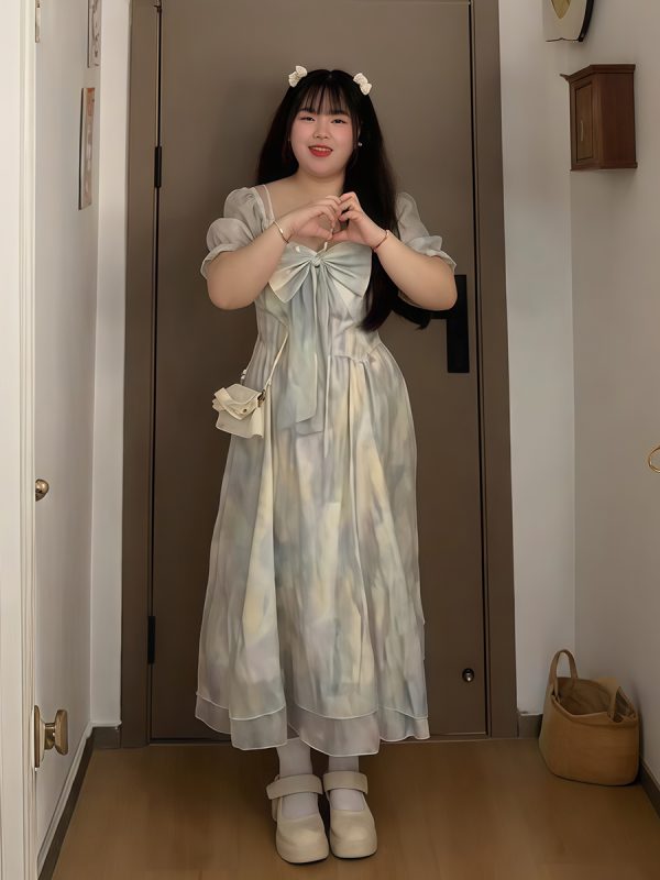 Plus-Size Summer Floral Water Wave Dress for Women, French Style Flattering Waist Fairy Dress, Elegant Blue 90s Inspired Fashion