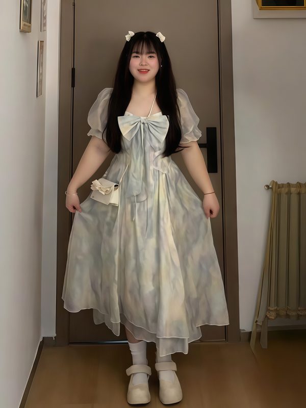 Plus-Size Summer Floral Water Wave Dress for Women, French Style Flattering Waist Fairy Dress, Elegant Blue 90s Inspired Fashion