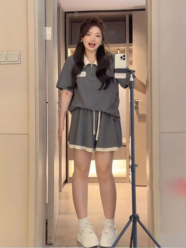 Plus Size Summer Leisure Sports Outfit for Women, Slimming Polo Collar Top and Shorts, Youthful Fashionable Two-Piece Set