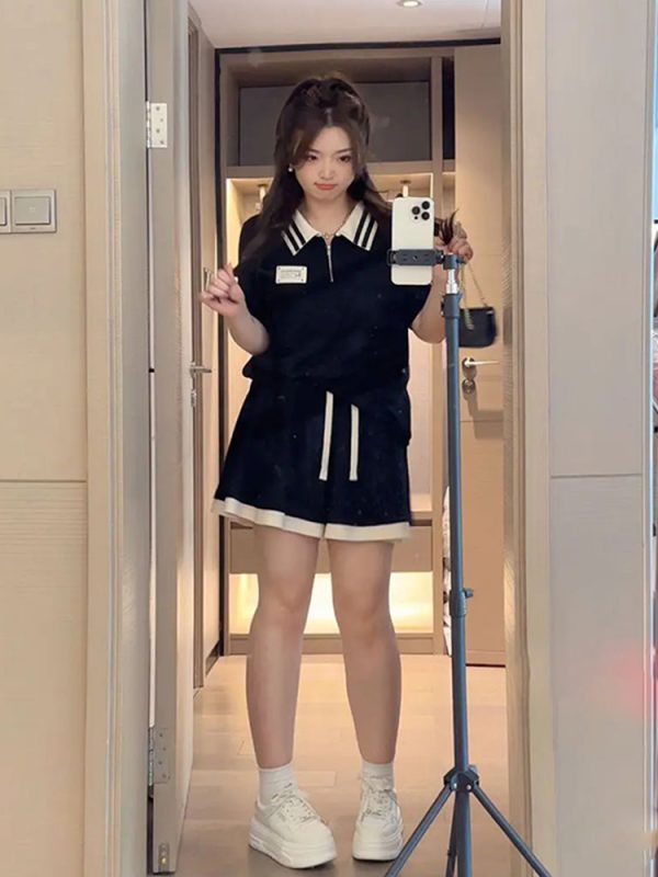 Plus Size Summer Leisure Sports Outfit for Women, Slimming Polo Collar Top and Shorts, Youthful Fashionable Two-Piece Set
