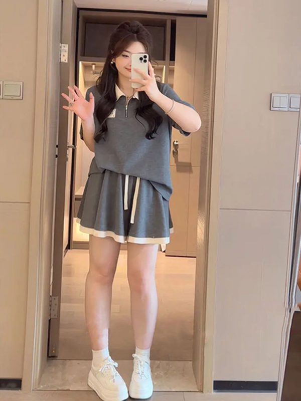 Plus Size Summer Leisure Sports Outfit for Women, Slimming Polo Collar Top and Shorts, Youthful Fashionable Two-Piece Set