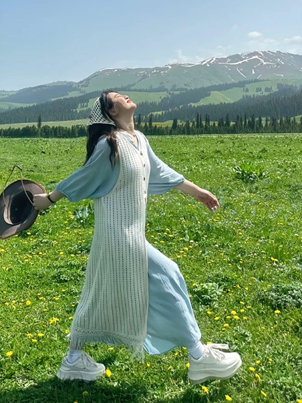 Plus-Size Summer Vacation Two-Piece Set with Tassel Skirt and Hollow-Out Cover-Up Dress - Loose Layered Style for Travel