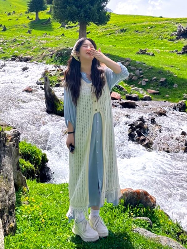 Plus-Size Summer Vacation Two-Piece Set with Tassel Skirt and Hollow-Out Cover-Up Dress - Loose Layered Style for Travel
