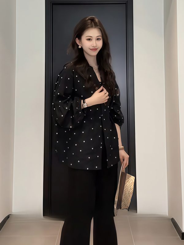Plus-Size V-Neck Black Polka Dot Lantern Sleeve Shirt for Women - Stylish Spring Summer Top, Flattering Fit