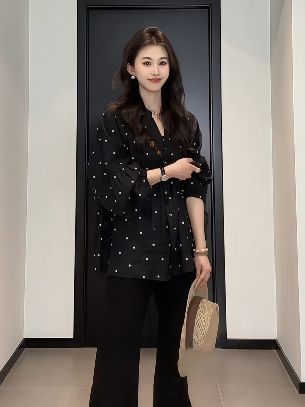 Plus-Size V-Neck Black Polka Dot Lantern Sleeve Shirt for Women - Stylish Spring Summer Top, Flattering Fit