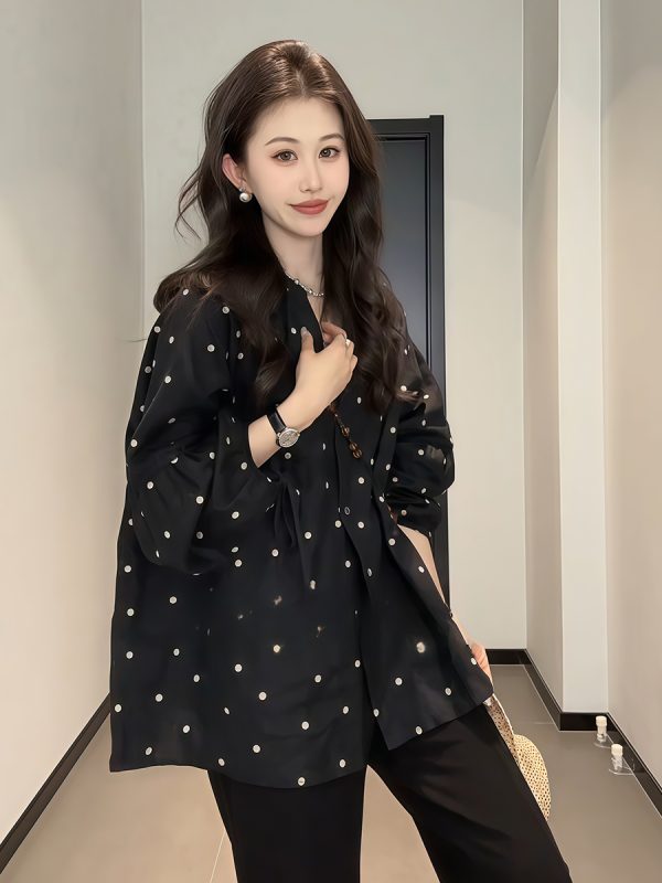 Plus-Size V-Neck Black Polka Dot Lantern Sleeve Shirt for Women - Stylish Spring Summer Top, Flattering Fit