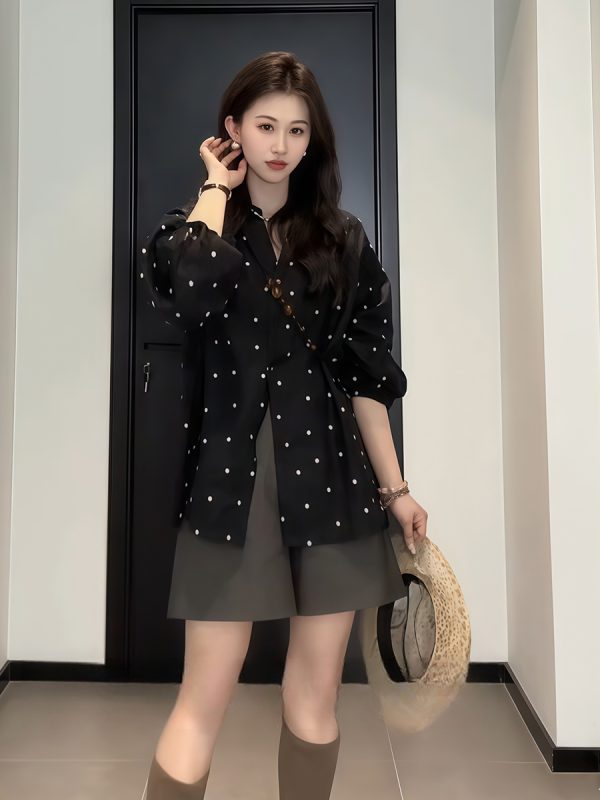 Plus-Size V-Neck Black Polka Dot Lantern Sleeve Shirt for Women - Stylish Spring Summer Top, Flattering Fit