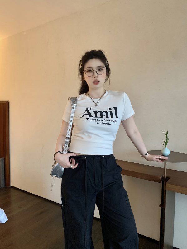 Plus Size Vintage Round Neck Slim Fit Short Crop T-Shirt with Sweetheart Letter Print - Slightly Chubby Aesthetic
