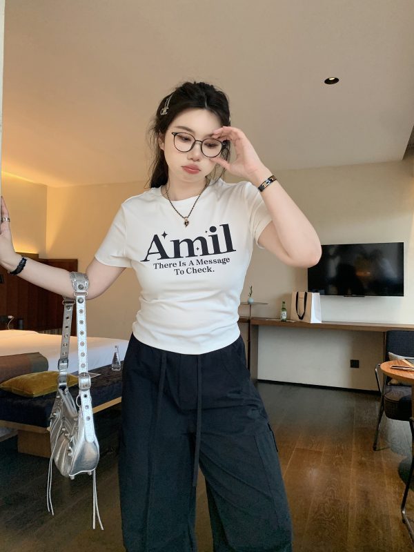 Plus Size Vintage Round Neck Slim Fit Short Crop T-Shirt with Sweetheart Letter Print - Slightly Chubby Aesthetic