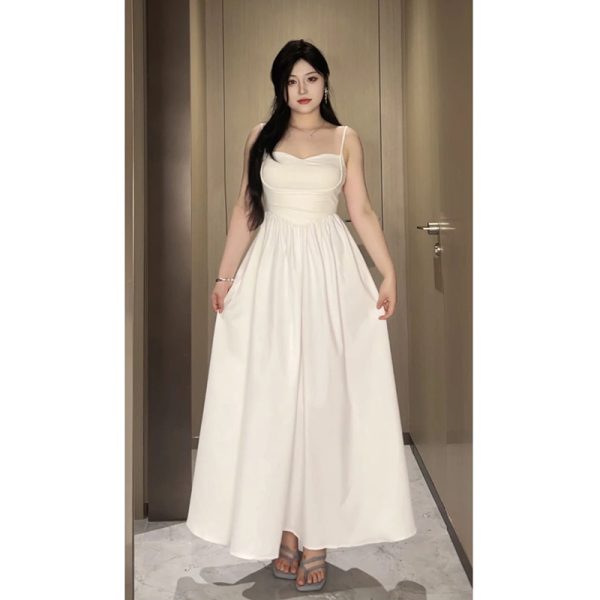 Plus-Size White Camisole Dress for Curvy Figures - French Style, Waist-Cinching, Flattering Sleeveless Summer Dress