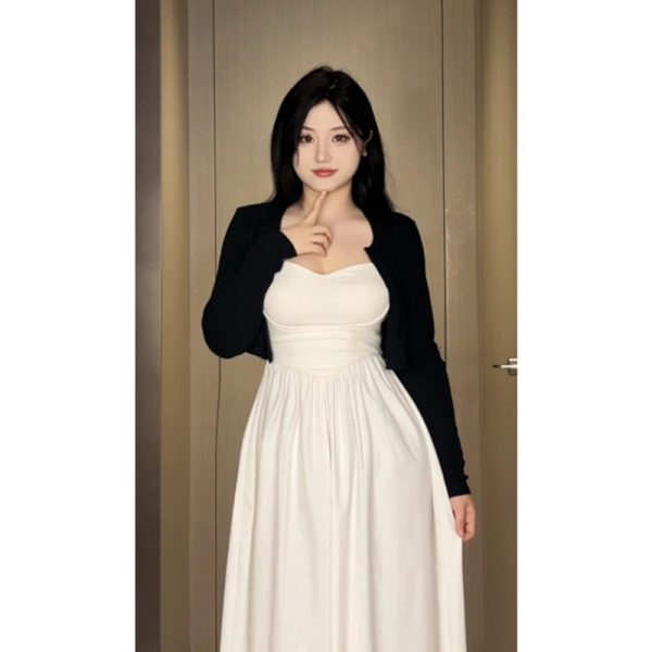 Plus-Size White Camisole Dress for Curvy Figures - French Style, Waist-Cinching, Flattering Sleeveless Summer Dress