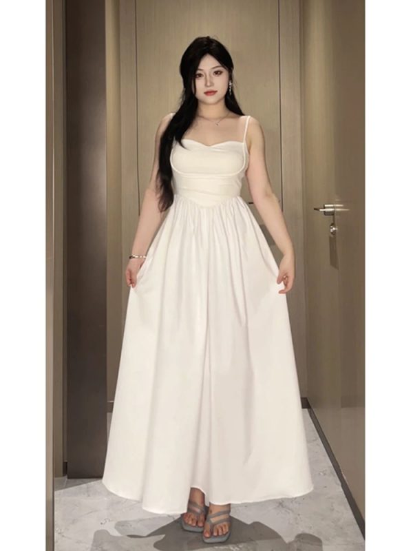Plus-Size White Camisole Dress for Curvy Figures - French Style, Waist-Cinching, Flattering Sleeveless Summer Dress