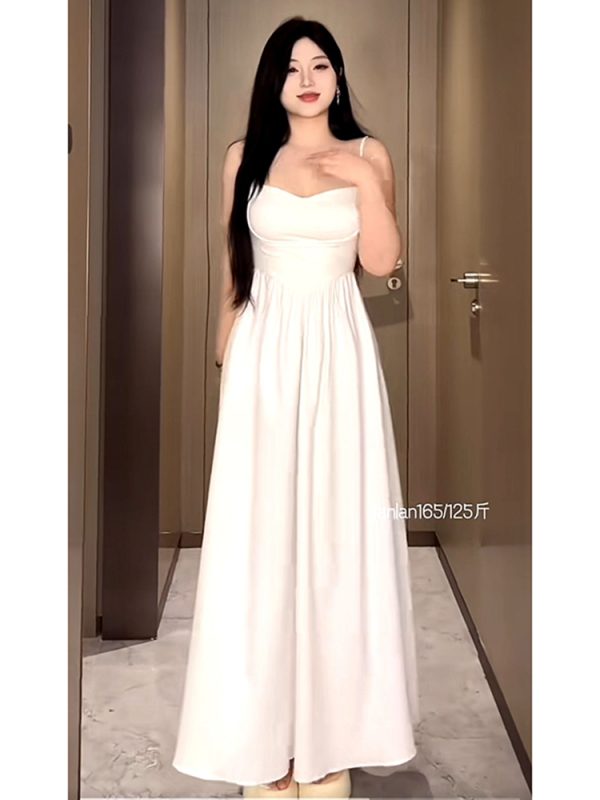 Plus-Size White Camisole Dress for Curvy Figures - French Style, Waist-Cinching, Flattering Sleeveless Summer Dress