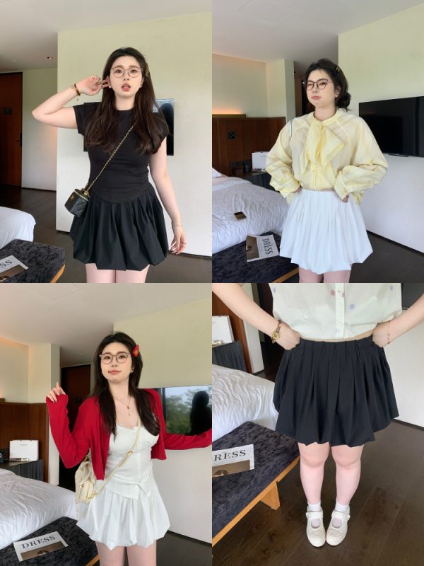 Plus Size White Floral Bud Puffy Half Skirt - Slimming Cloud Alice Style Short Skirt for a Chic 90s Y2K Look