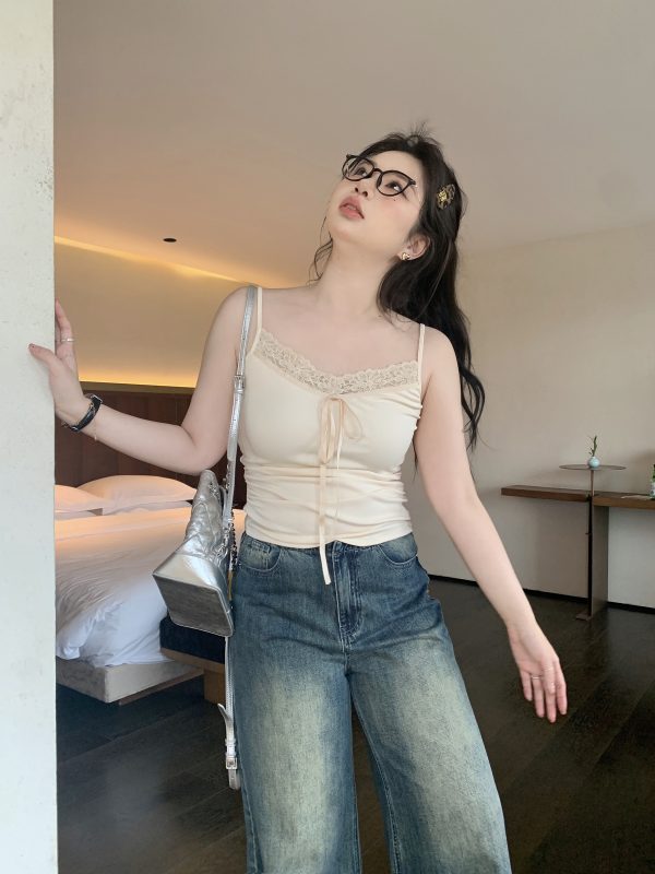 Plus Size White Lace Edge Layered Camisole Tank Top - Slightly Chubby Inner Layer, Perfect for Y2K and Korean Style Outfits