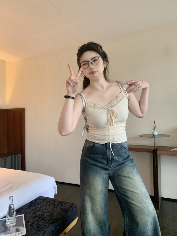 Plus Size White Lace Edge Layered Camisole Tank Top - Slightly Chubby Inner Layer, Perfect for Y2K and Korean Style Outfits