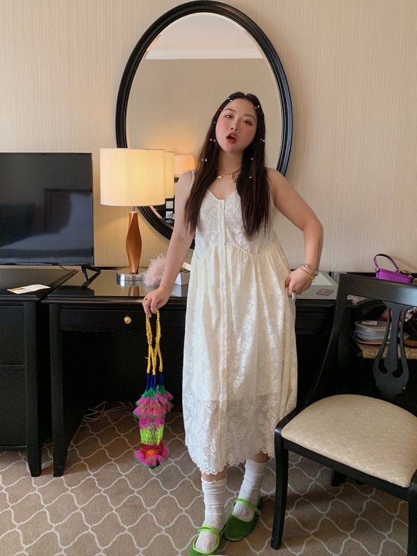 Plus Size White Lace Pocket Camisole Dress for Women - Spring Summer 2025 Long Dress for Curvy Figures, Y2K Style