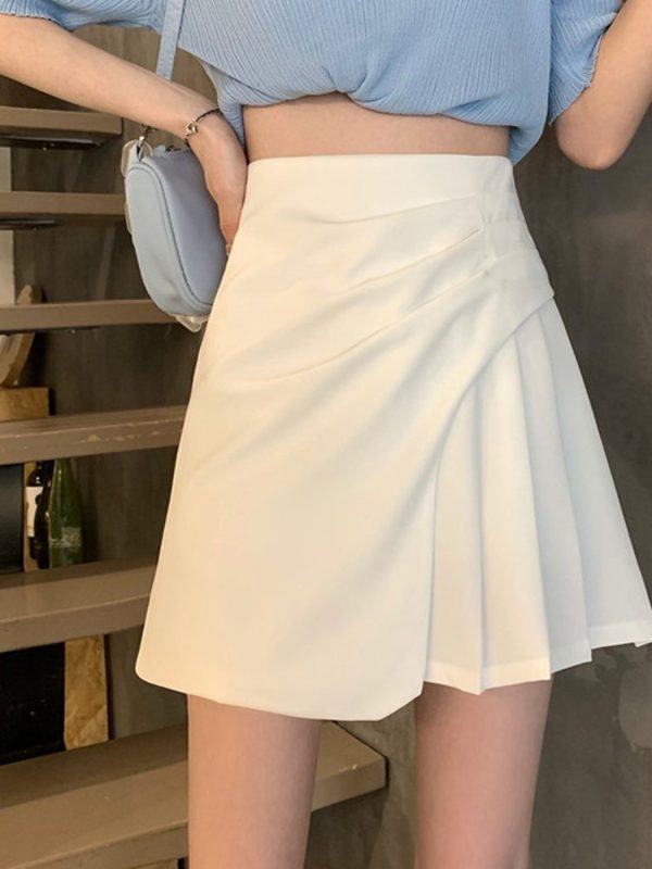 Plus Size White Pleated Mini Skirt for Women, Summer Irregular High Waist A-Line Bodycon in Slimming Wrinkled Style