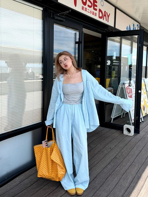 Plus Size Wide-Leg Long Pants in Lazy Blue - Minimalist French Style Casual Trousers for Commuting and Everyday Wear