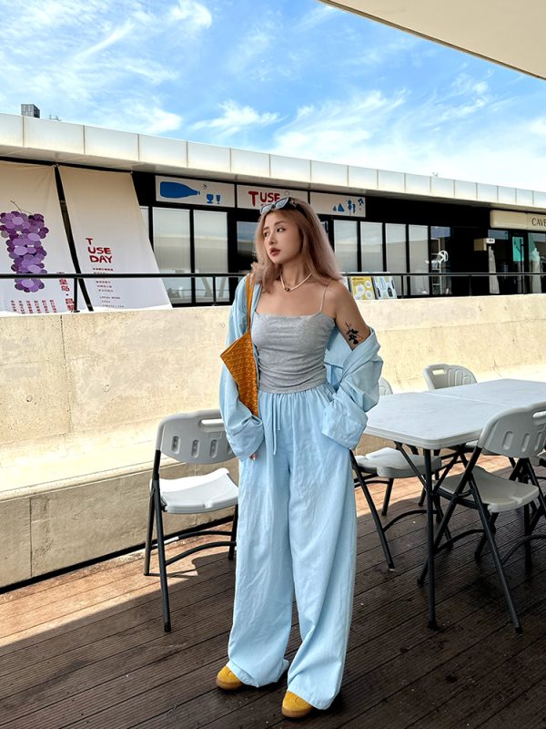 Plus Size Wide-Leg Long Pants in Lazy Blue - Minimalist French Style Casual Trousers for Commuting and Everyday Wear