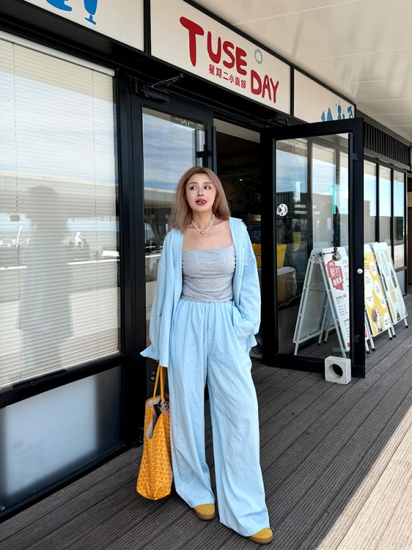 Plus Size Wide-Leg Long Pants in Lazy Blue - Minimalist French Style Casual Trousers for Commuting and Everyday Wear