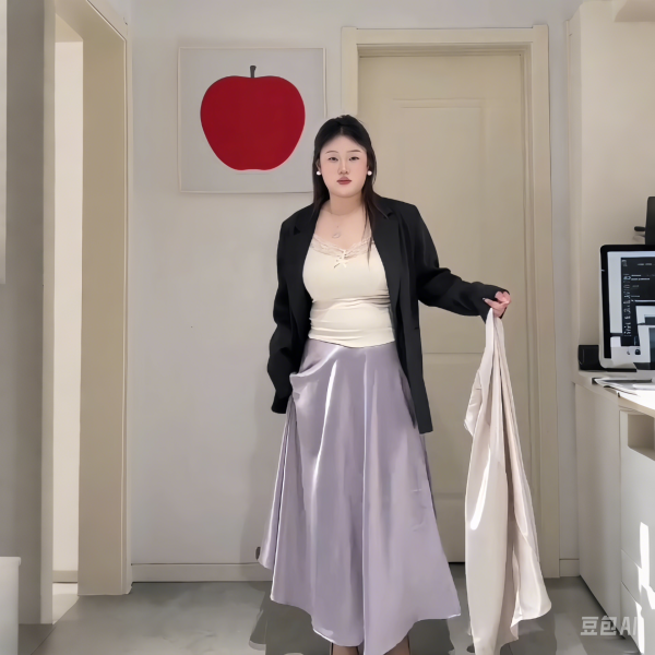 Plus-Size Women's Acetate Satin High-Waisted Midi Skirt - Versatile Solid Color for Spring 2025, Perfect for Curvy Styles
