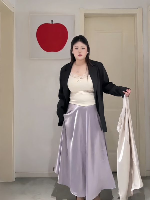 Plus-Size Women's Acetate Satin High-Waisted Midi Skirt - Versatile Solid Color for Spring 2025, Perfect for Curvy Styles