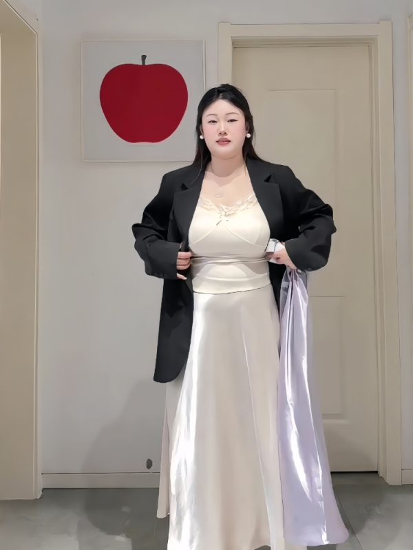Plus-Size Women's Acetate Satin High-Waisted Midi Skirt - Versatile Solid Color for Spring 2025, Perfect for Curvy Styles