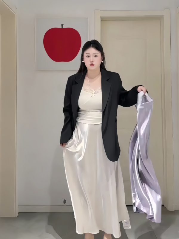 Plus-Size Women's Acetate Satin High-Waisted Midi Skirt - Versatile Solid Color for Spring 2025, Perfect for Curvy Styles