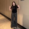 Plus-Size Women's American Retro Camouflage Flared Denim Pants â€“ Summer Wide-Leg Workwear Trousers for a Flattering Fit