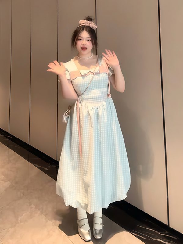 Plus-Size Women's Blue Plaid Short Sleeve Dress with Bow - Flattering Waist-Cinching Design for Summer 2025, Perfect for Curvy Figures