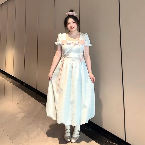 Plus-Size Women's Blue Plaid Short Sleeve Dress with Bow - Flattering Waist-Cinching Design for Summer 2025, Perfect for Curvy Figures