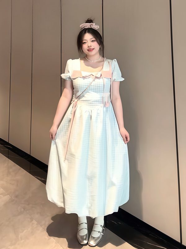 Plus-Size Women's Blue Plaid Short Sleeve Dress with Bow - Flattering Waist-Cinching Design for Summer 2025, Perfect for Curvy Figures
