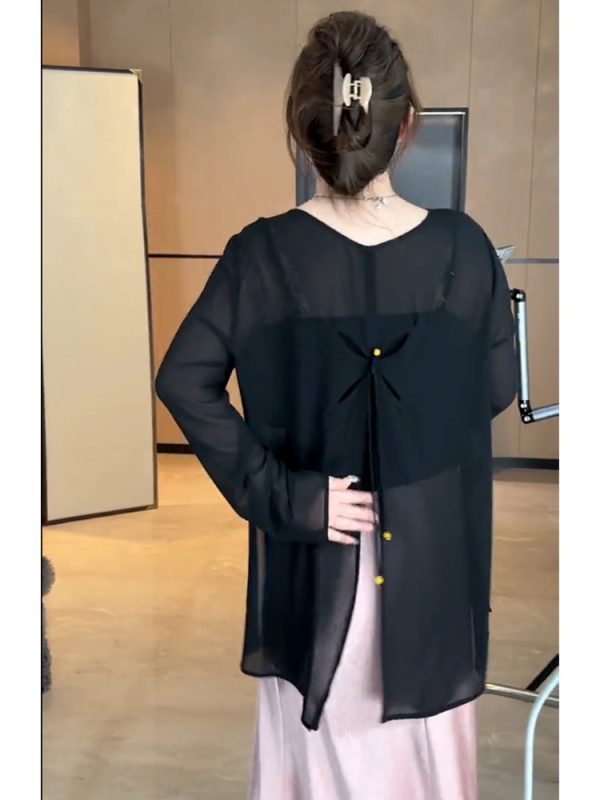 Plus-Size Women's Butterfly Hollow Back Top and Satin Fishtail Skirt Set - Sun-Protective Summer Fashion