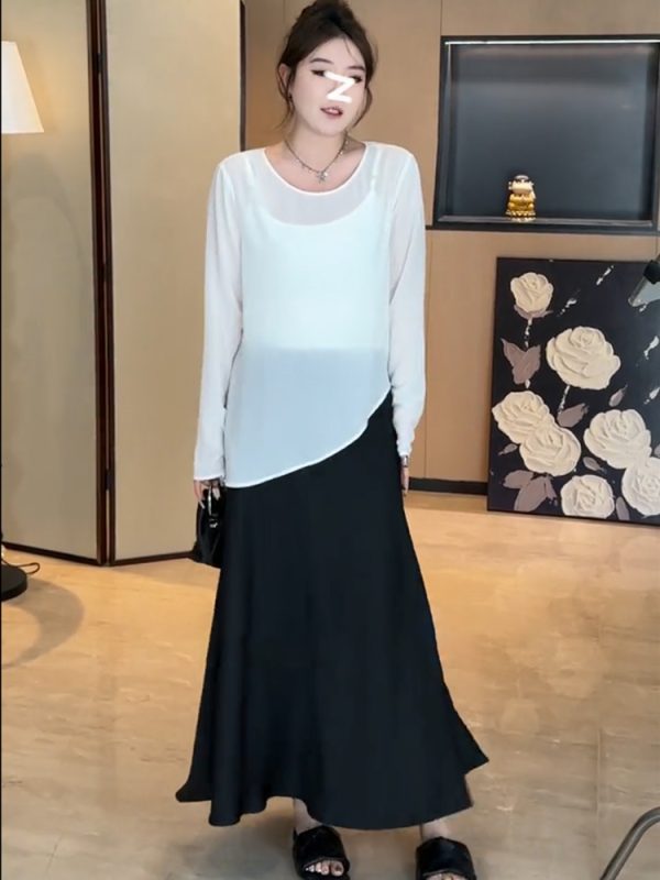 Plus-Size Women's Butterfly Hollow Back Top and Satin Fishtail Skirt Set - Sun-Protective Summer Fashion