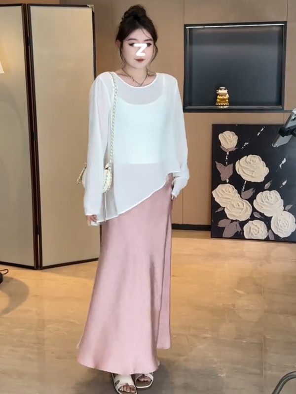 Plus-Size Women's Butterfly Hollow Back Top and Satin Fishtail Skirt Set - Sun-Protective Summer Fashion