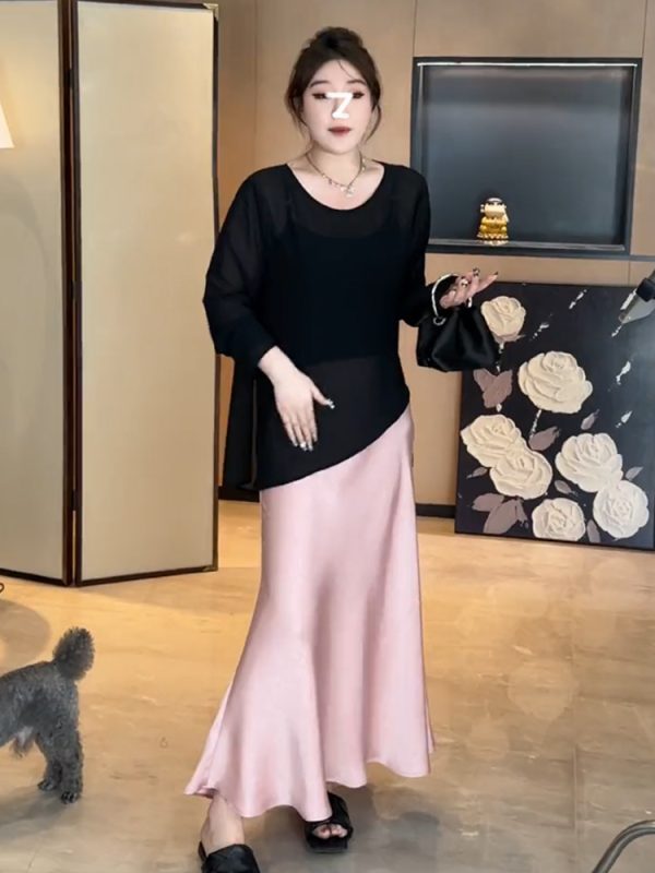 Plus-Size Women's Butterfly Hollow Back Top and Satin Fishtail Skirt Set - Sun-Protective Summer Fashion