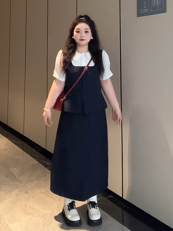 Plus-Size Women's College Style Fake Two-Piece Shirt and Half Skirt Summer Fashion Set for a Flattering Look