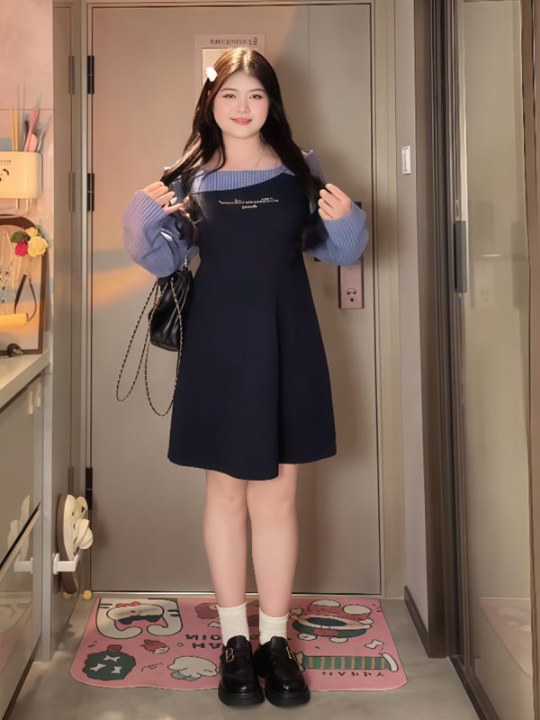 Plus-Size Women's College Style Off-Shoulder Two-Piece Dress, Spring Slimming Design for Curvy Figures, Trendy Niche Fashion