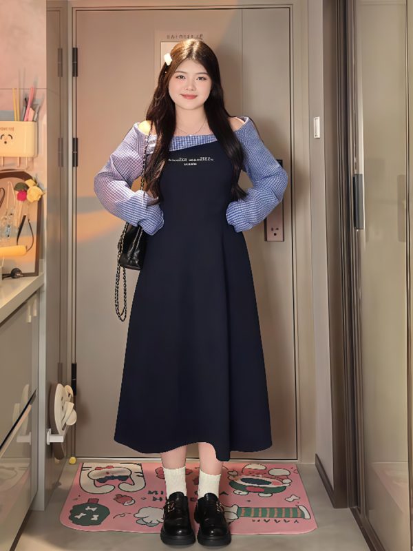 Plus-Size Women's College Style Off-Shoulder Two-Piece Dress, Spring Slimming Design for Curvy Figures, Trendy Niche Fashion