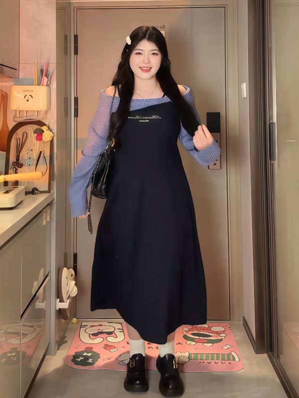 Plus-Size Women's College Style Off-Shoulder Two-Piece Dress, Spring Slimming Design for Curvy Figures, Trendy Niche Fashion