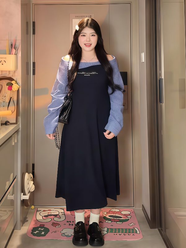 Plus-Size Women's College Style Off-Shoulder Two-Piece Dress, Spring Slimming Design for Curvy Figures, Trendy Niche Fashion