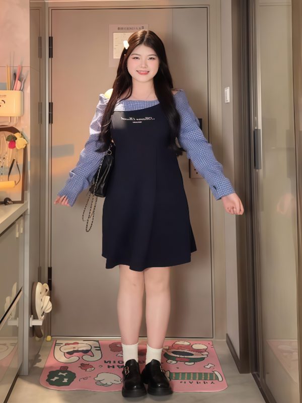 Plus-Size Women's College Style Off-Shoulder Two-Piece Dress, Spring Slimming Design for Curvy Figures, Trendy Niche Fashion