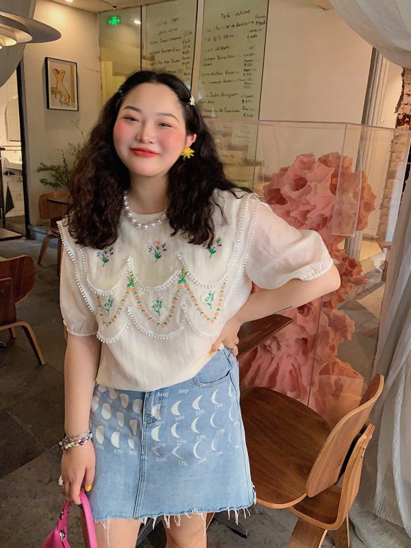 Plus-Size Women's Embroidered Tencel T-Shirt, Short Sleeve Summer Top, Unique Exquisite Design, Trendy Fashion for Curvy Styles