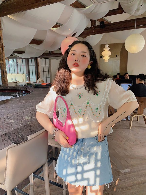 Plus-Size Women's Embroidered Tencel T-Shirt, Short Sleeve Summer Top, Unique Exquisite Design, Trendy Fashion for Curvy Styles