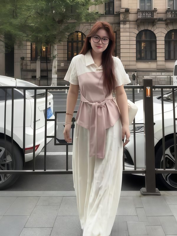 Plus-Size Women's Faux Two-Piece Spliced Top and Flower Bud Skirt Set - Elegant Slim-Fit Summer Fashion